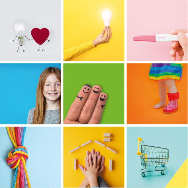 Bunte Kacheln im Design des Skf Cloppenburgs, die verschiedene Symbole von Gemeinschaft zeigen